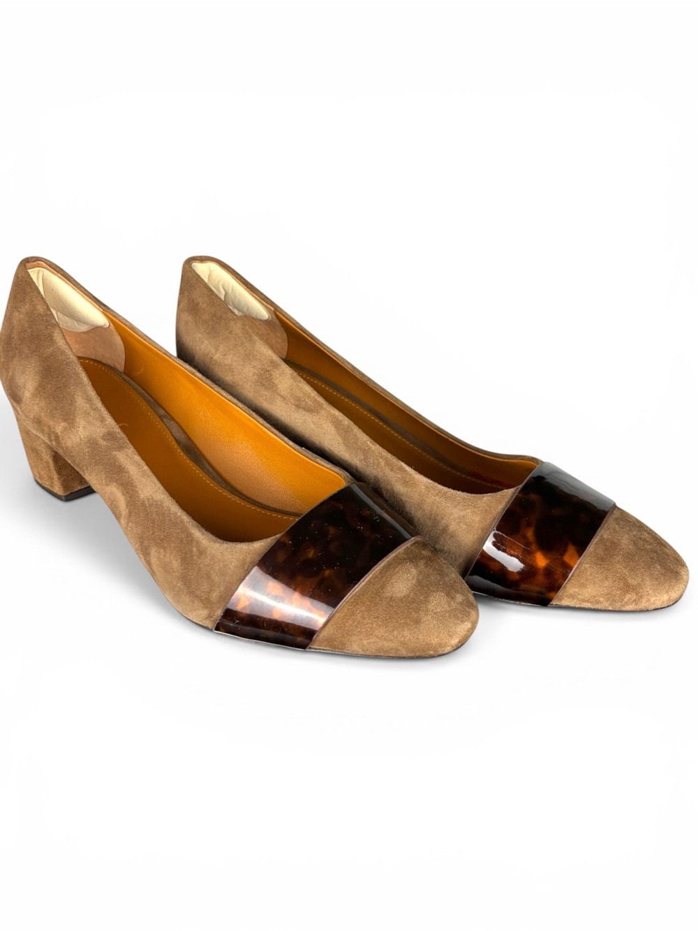 J McLaughlin Ciara Suede Mocga Brown Tortoise Cap Toe Block Heel Pumps 8.5